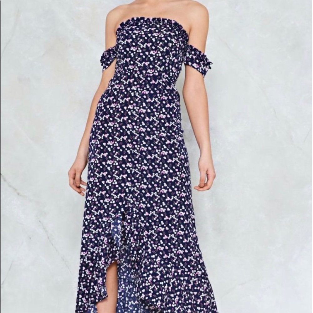 Reposh Chest area is a true small. Navy Floral Off Shoulder High Low Maxi Dress
